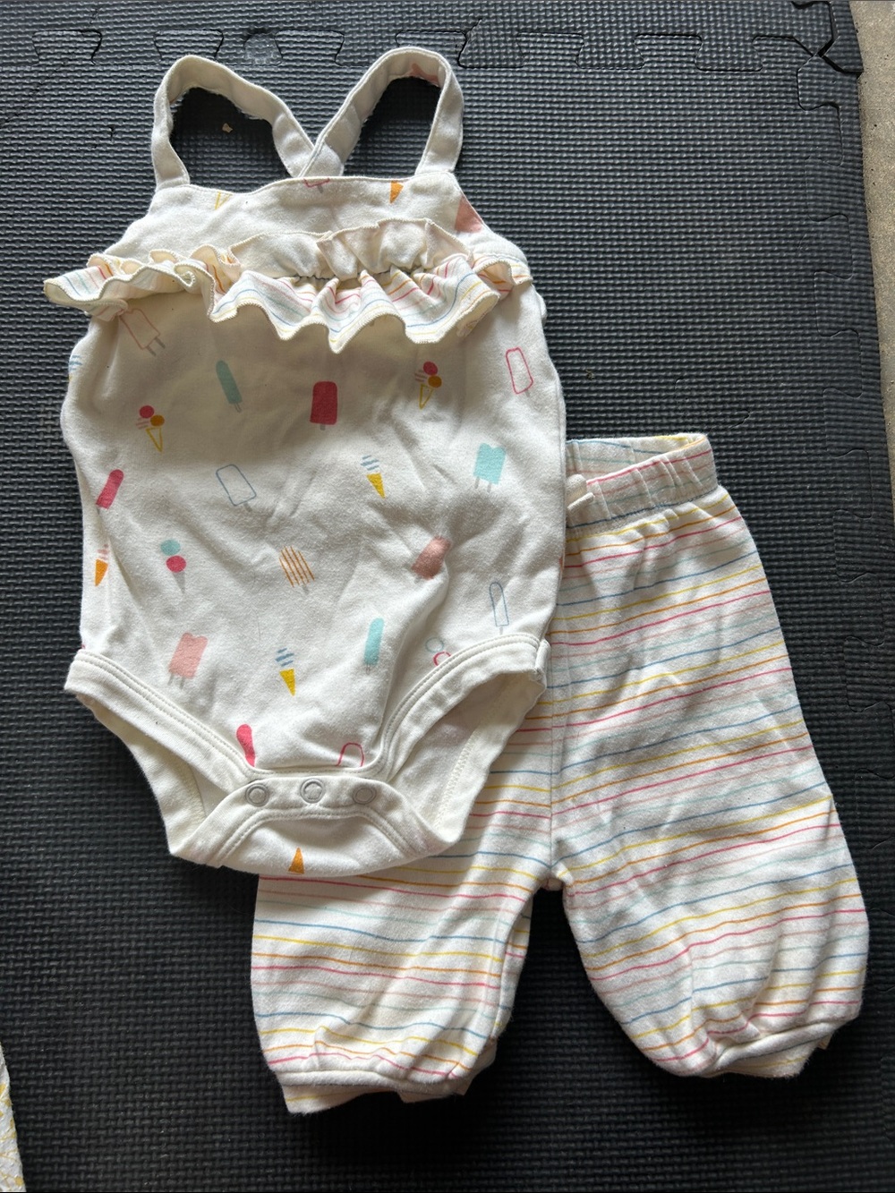 Baby Girls Cream Ice Cream Print Romper & Striped Pants Set